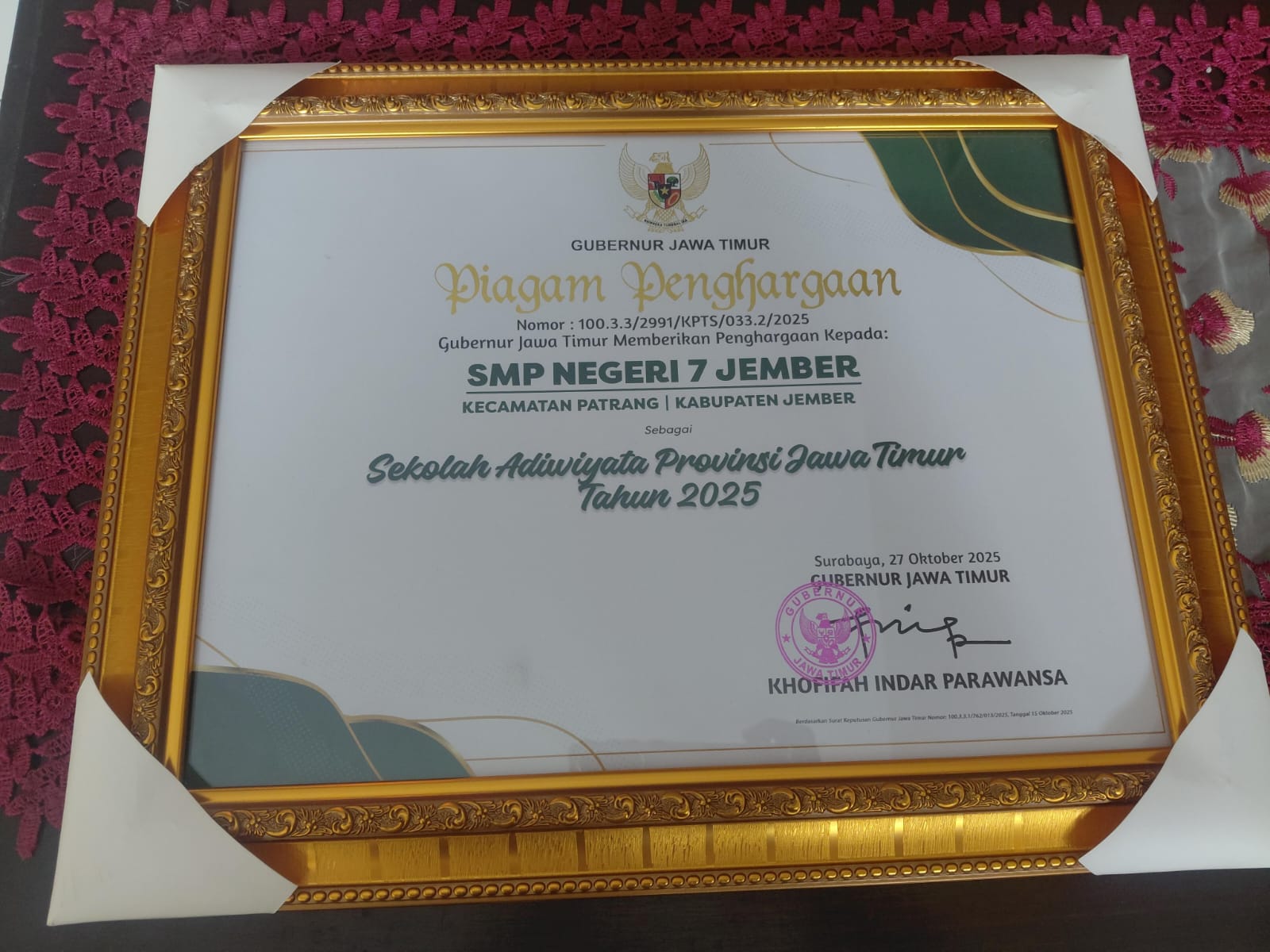 SMP Negeri 7 jemberRaih Penghargaan Sekolah Adiwiyata Tingkat Provinsi Tahun 2025